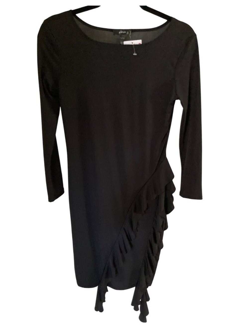 Aqua Dress Black Jersey Style Short /4 Sleeve Ruffle Across Hip Small  NWT